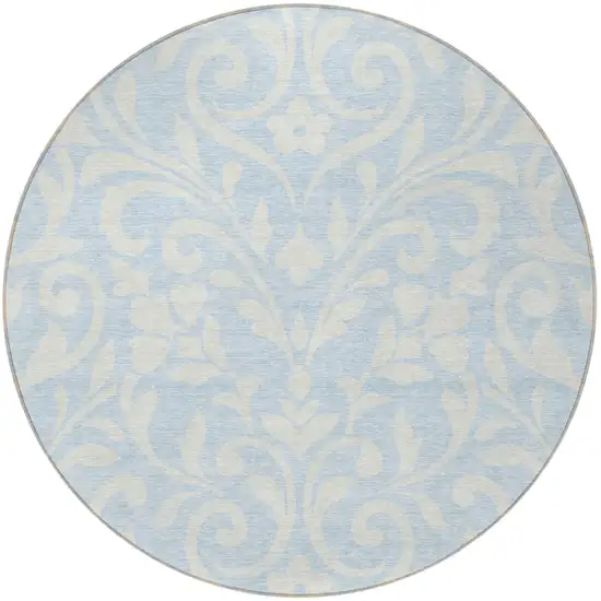 8' Sky Blue And Ivory Round Floral Washable Indoor Outdoor Area Rug Photo 5