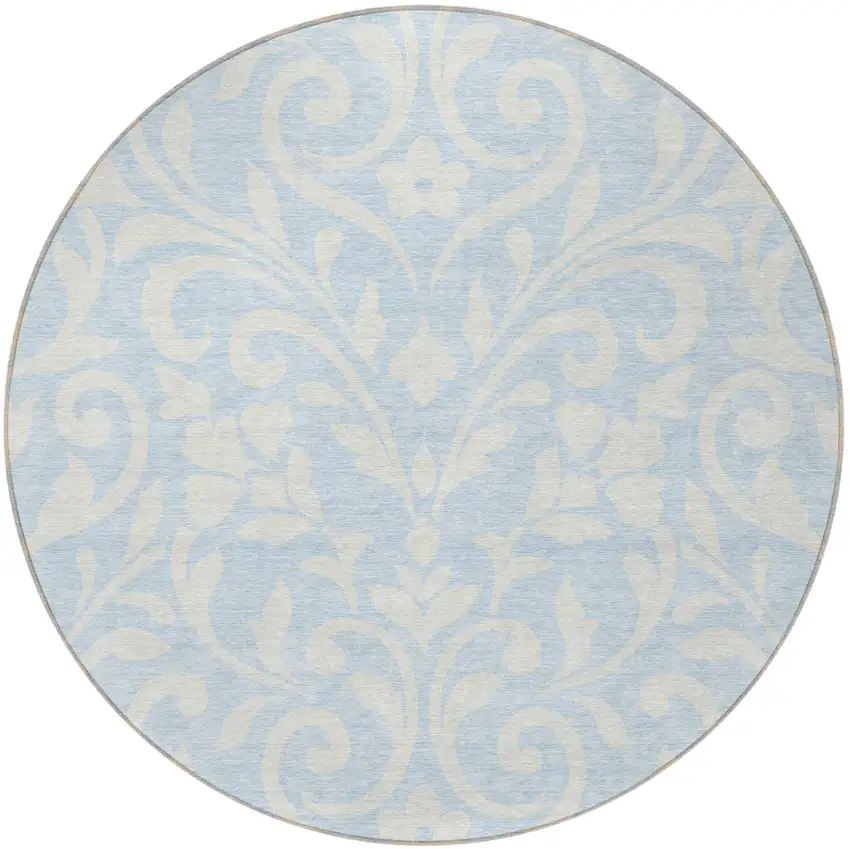 8' Sky Blue And Ivory Round Floral Washable Indoor Outdoor Area Rug Photo 5