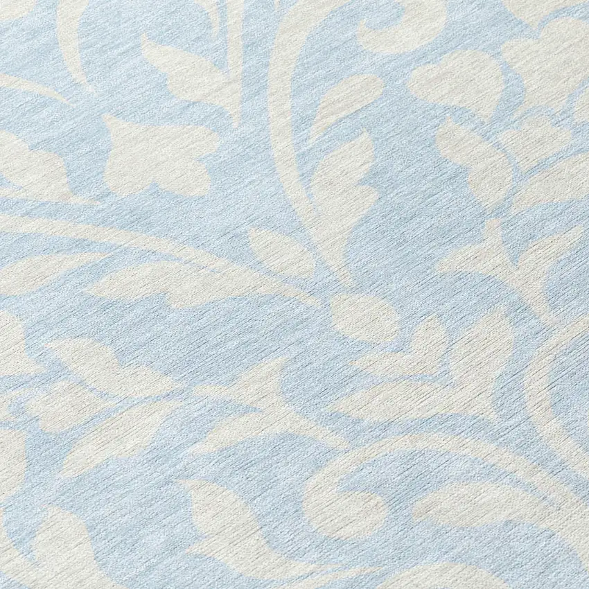 8' Sky Blue And Ivory Round Floral Washable Indoor Outdoor Area Rug Photo 8