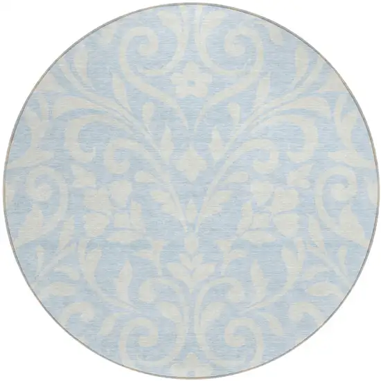 8' Sky Blue And Ivory Round Floral Washable Indoor Outdoor Area Rug Photo 2