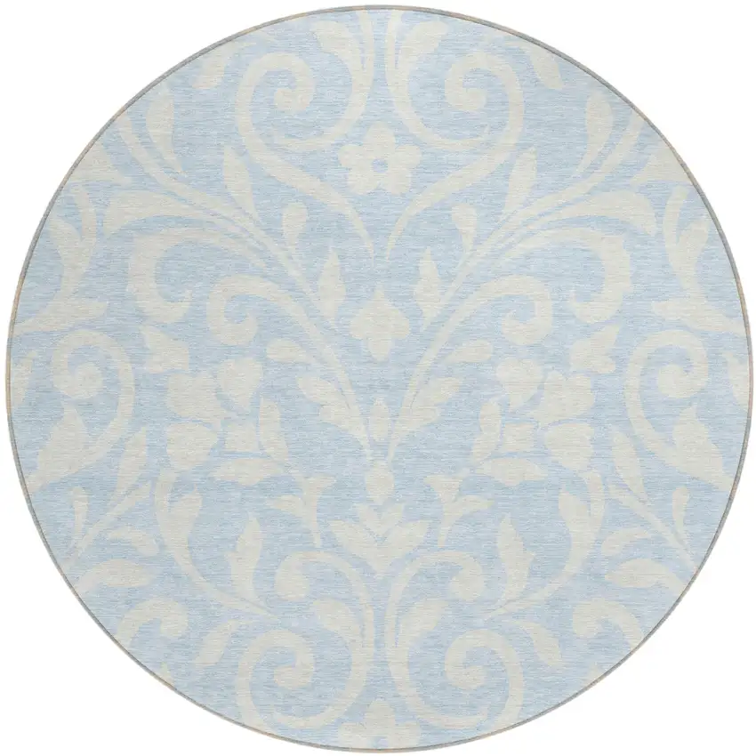 8' Sky Blue And Ivory Round Floral Washable Indoor Outdoor Area Rug Photo 2