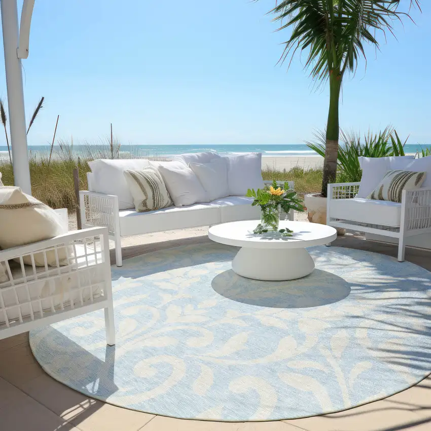8' Sky Blue And Ivory Round Floral Washable Indoor Outdoor Area Rug Photo 6
