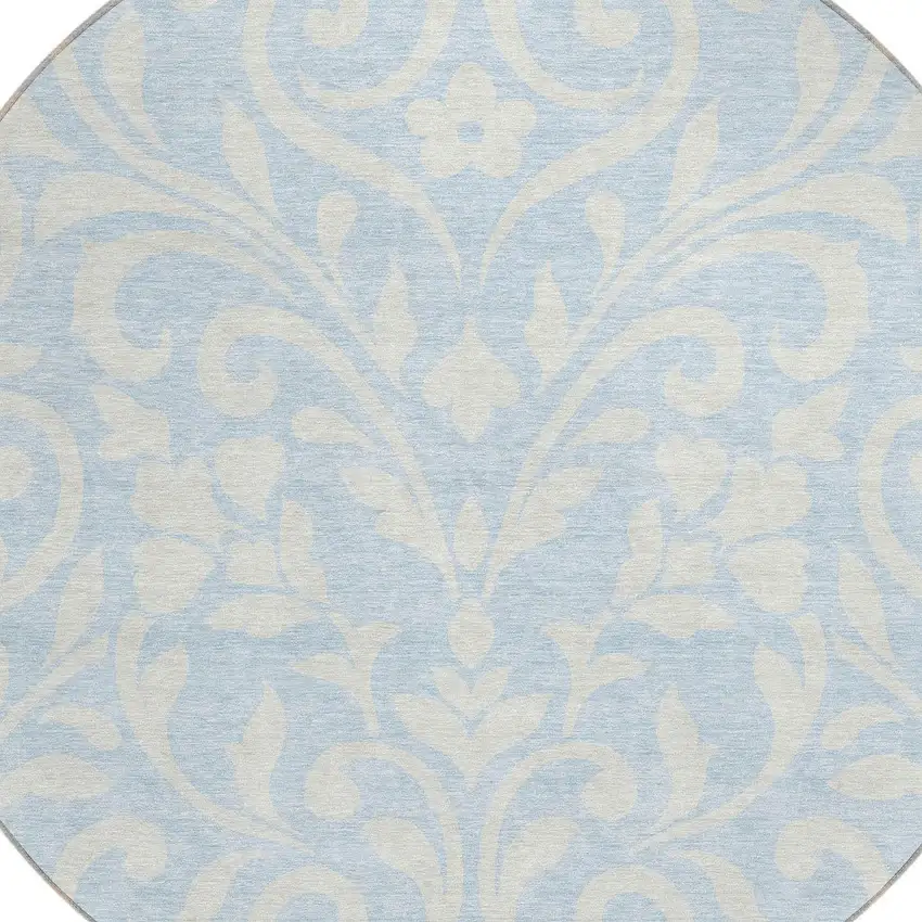 8' Sky Blue And Ivory Round Floral Washable Indoor Outdoor Area Rug Photo 4