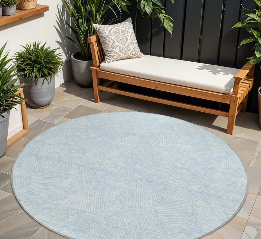 8' Sky Blue And Ivory Round Floral Washable Indoor Outdoor Area Rug Photo 1