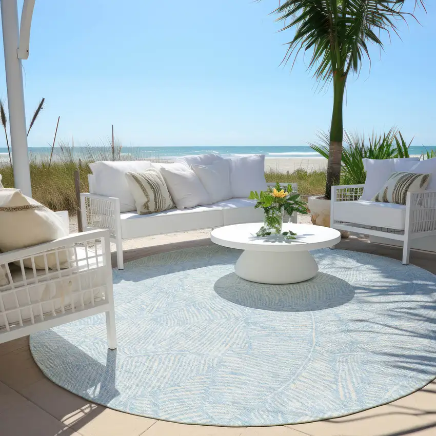 8' Sky Blue And Ivory Round Floral Washable Indoor Outdoor Area Rug Photo 6