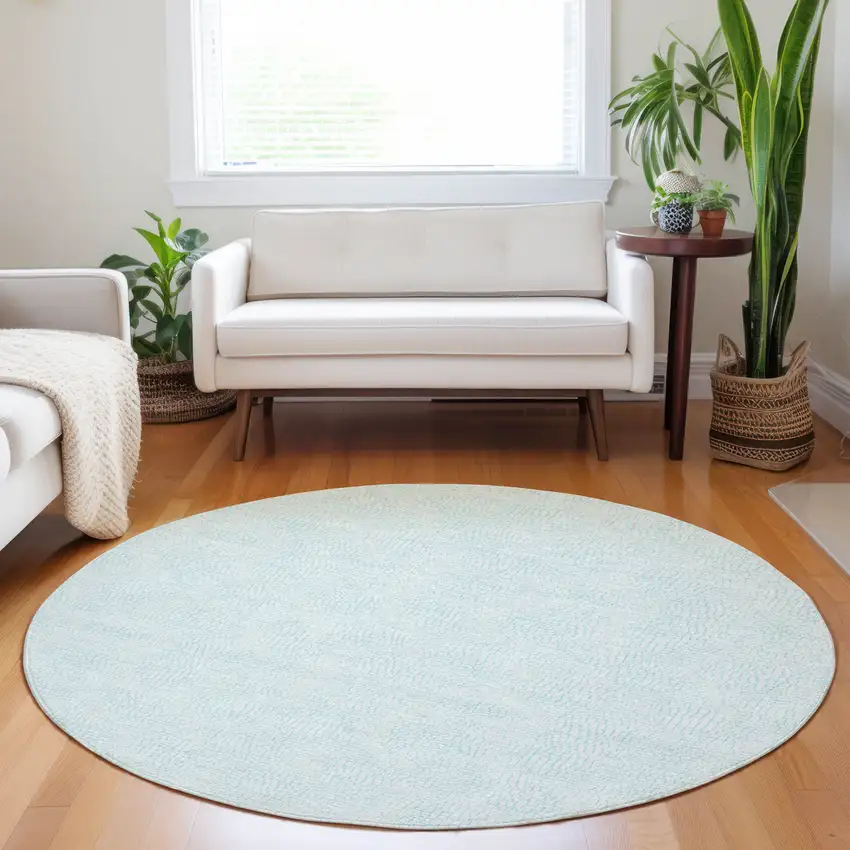 8' Sky Blue And Ivory Round Geometric Washable Indoor Outdoor Area Rug Photo 8