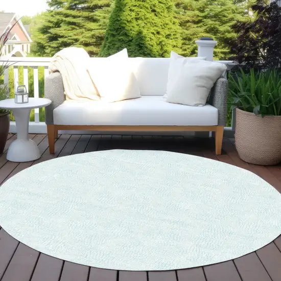 8' Sky Blue And Ivory Round Geometric Washable Indoor Outdoor Area Rug Photo 7