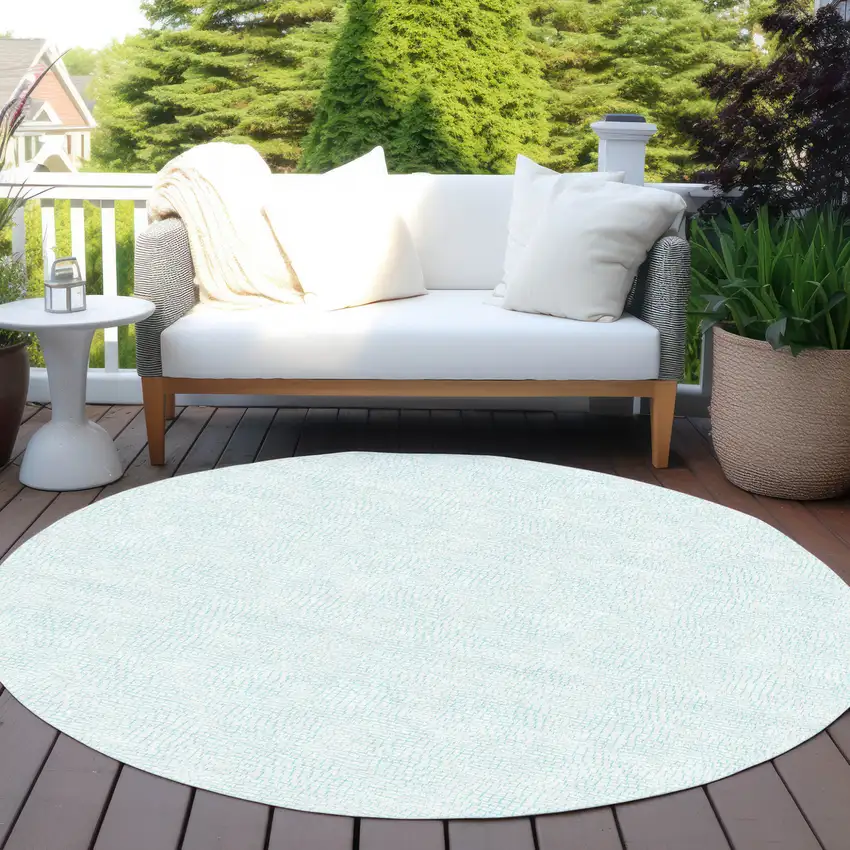 8' Sky Blue And Ivory Round Geometric Washable Indoor Outdoor Area Rug Photo 7