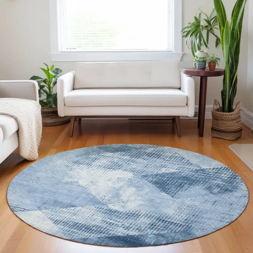 8' Sky Blue And Ivory Round Geometric Washable Indoor Outdoor Area Rug Photo 7