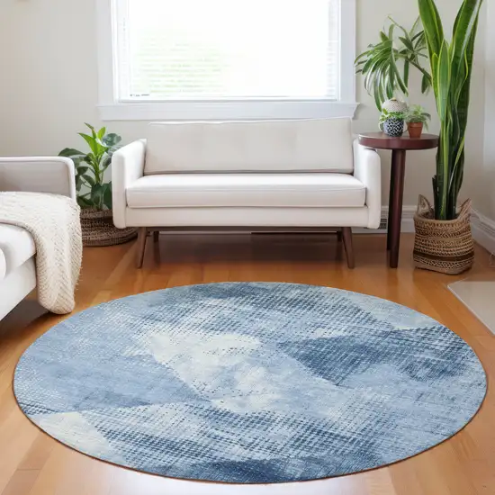 8' Sky Blue And Ivory Round Geometric Washable Indoor Outdoor Area Rug Photo 7