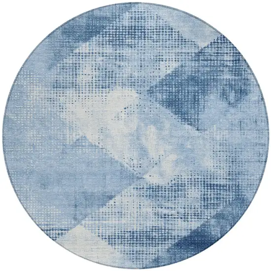 8' Sky Blue And Ivory Round Geometric Washable Indoor Outdoor Area Rug Photo 5