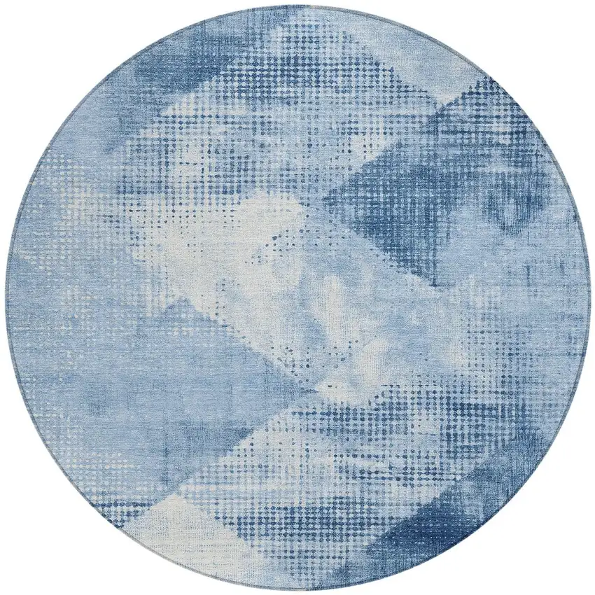 8' Sky Blue And Ivory Round Geometric Washable Indoor Outdoor Area Rug Photo 5