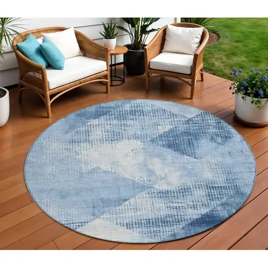 8' Sky Blue And Ivory Round Geometric Washable Indoor Outdoor Area Rug Photo 1