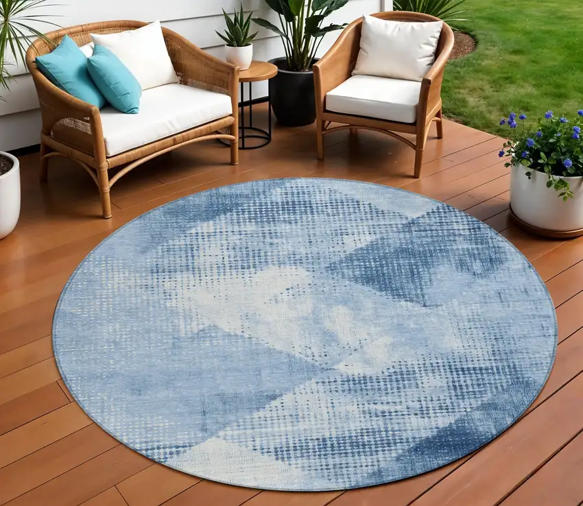 8' Sky Blue And Ivory Round Geometric Washable Indoor Outdoor Area Rug Photo 1