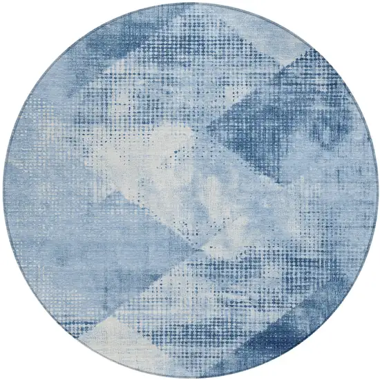 8' Sky Blue And Ivory Round Geometric Washable Indoor Outdoor Area Rug Photo 2