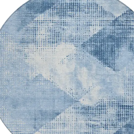 8' Sky Blue And Ivory Round Geometric Washable Indoor Outdoor Area Rug Photo 4