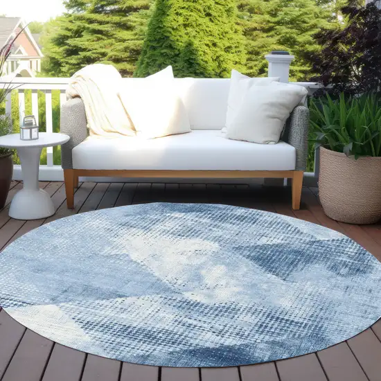 8' Sky Blue And Ivory Round Geometric Washable Indoor Outdoor Area Rug Photo 6