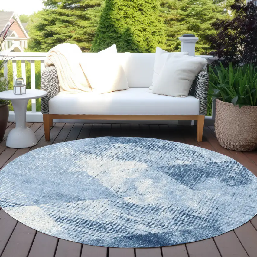 8' Sky Blue And Ivory Round Geometric Washable Indoor Outdoor Area Rug Photo 6