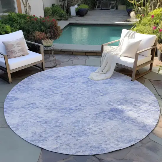 8' Sky Blue And Ivory Round Geometric Washable Indoor Outdoor Area Rug Photo 7