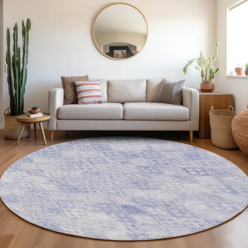 8' Sky Blue And Ivory Round Geometric Washable Indoor Outdoor Area Rug Photo 8