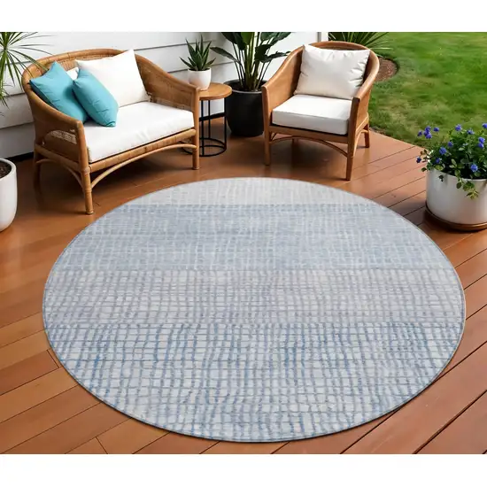 8' Sky Blue And Ivory Round Geometric Washable Indoor Outdoor Area Rug Photo 2