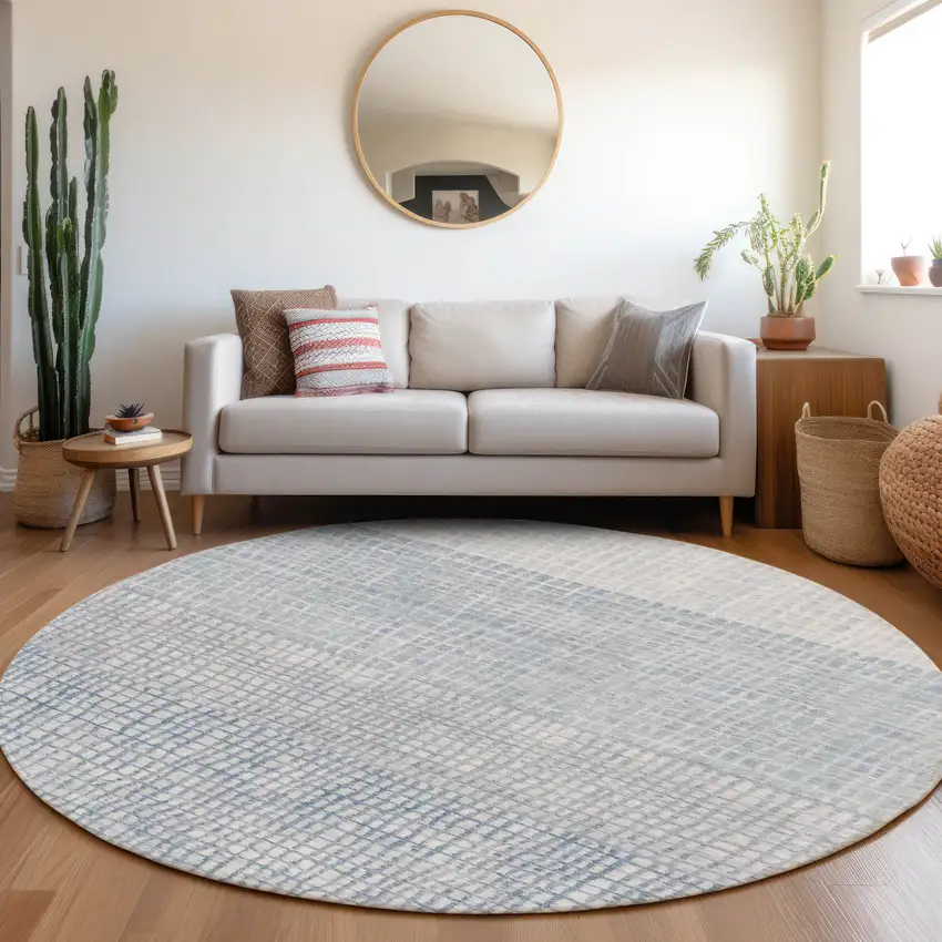 8' Sky Blue And Ivory Round Geometric Washable Indoor Outdoor Area Rug Photo 6