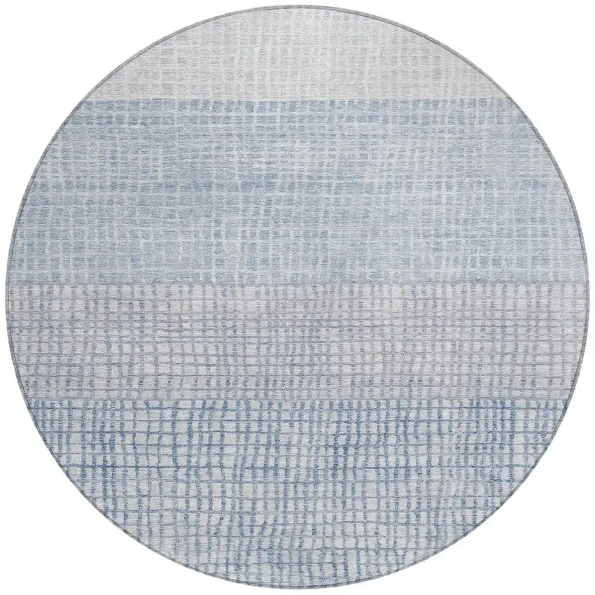8' Sky Blue And Ivory Round Geometric Washable Indoor Outdoor Area Rug Photo 3
