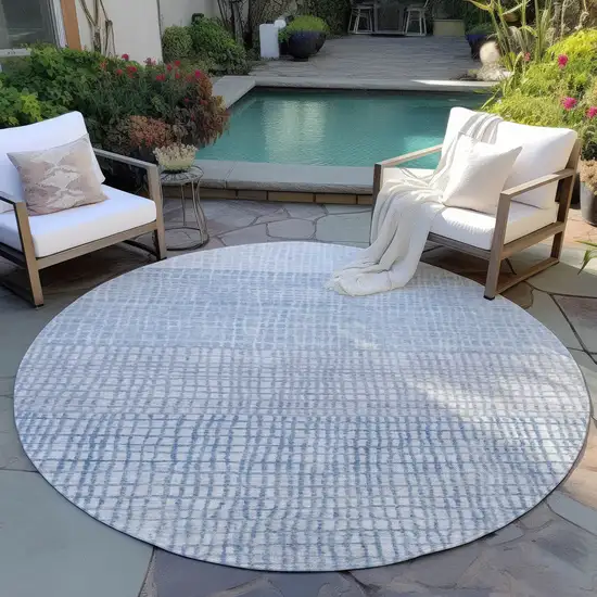 8' Sky Blue And Ivory Round Geometric Washable Indoor Outdoor Area Rug Photo 5