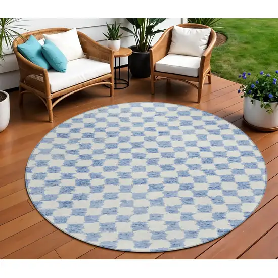 8' Sky Blue And Ivory Round Geometric Washable Indoor Outdoor Area Rug Photo 2