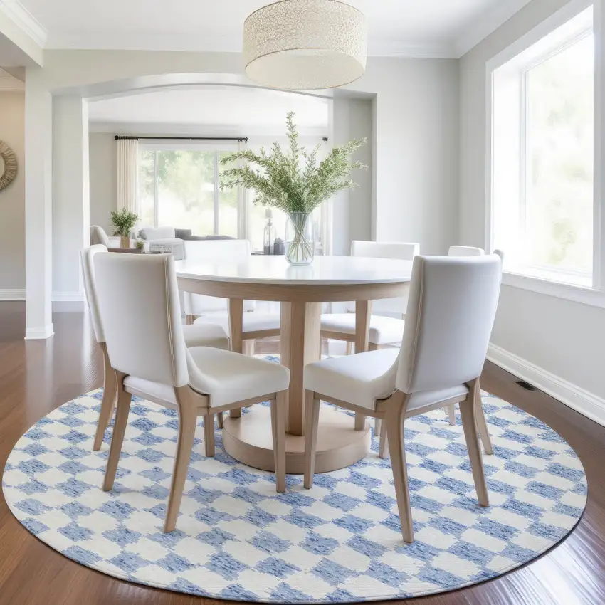 8' Sky Blue And Ivory Round Geometric Washable Indoor Outdoor Area Rug Photo 6