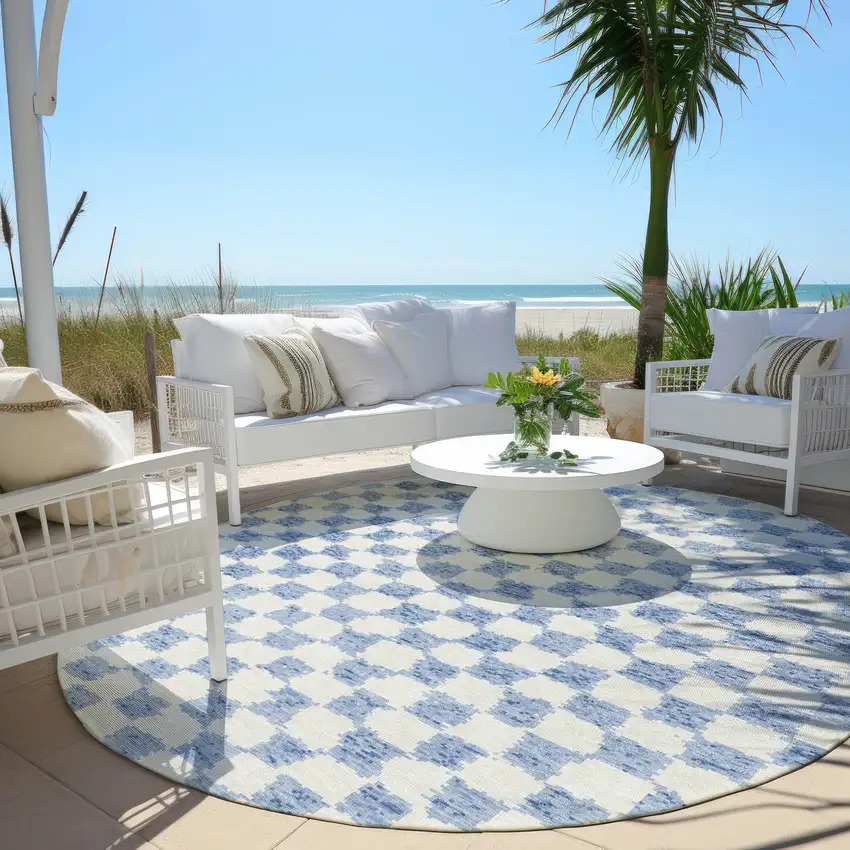 8' Sky Blue And Ivory Round Geometric Washable Indoor Outdoor Area Rug Photo 5