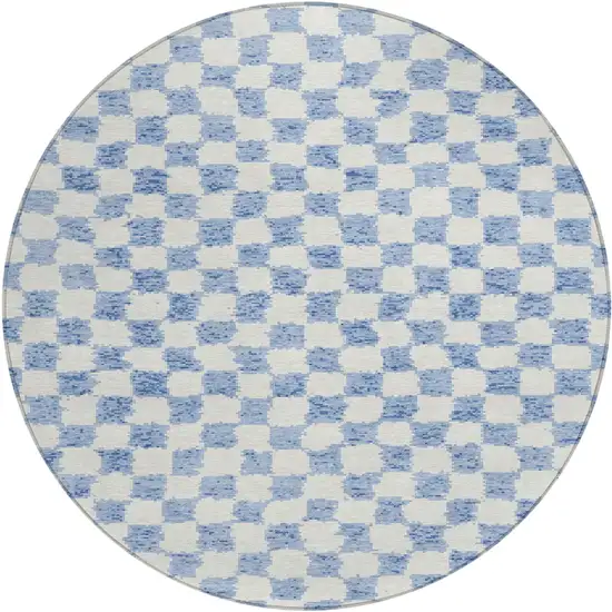 8' Sky Blue And Ivory Round Geometric Washable Indoor Outdoor Area Rug Photo 1