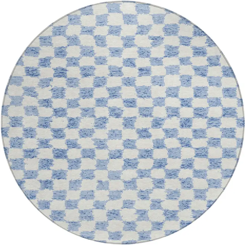 8' Sky Blue And Ivory Round Geometric Washable Indoor Outdoor Area Rug Photo 1