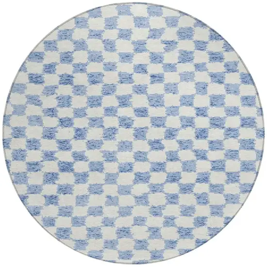 8' Sky Blue And Ivory Round Geometric Washable Indoor Outdoor Area Rug Photo 3