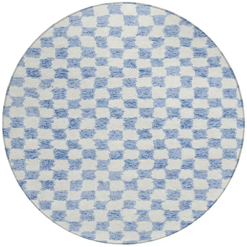 8' Sky Blue And Ivory Round Geometric Washable Indoor Outdoor Area Rug Photo 3
