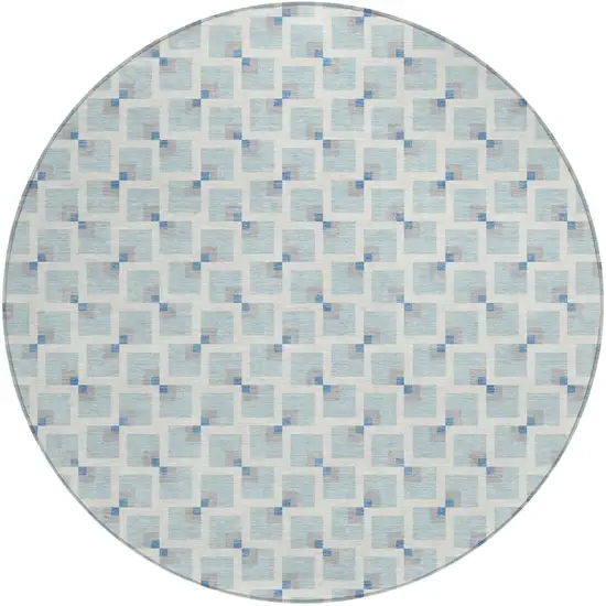 8' Sky Blue And Ivory Round Geometric Washable Indoor Outdoor Area Rug Photo 1