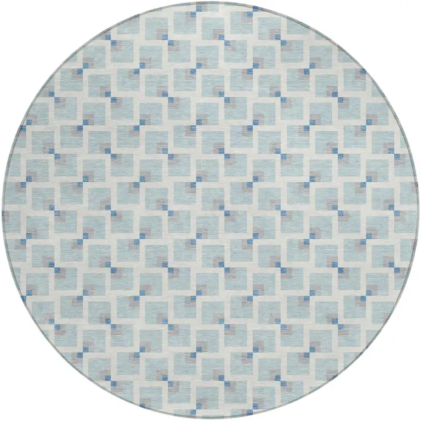 8' Sky Blue And Ivory Round Geometric Washable Indoor Outdoor Area Rug Photo 1