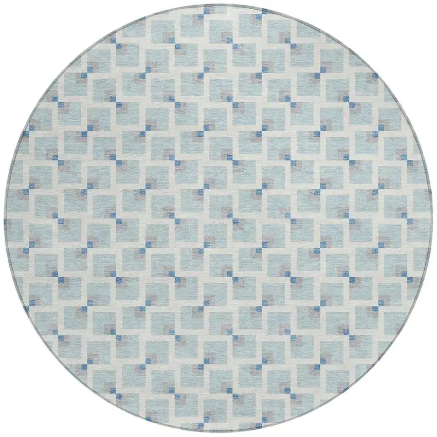 8' Sky Blue And Ivory Round Geometric Washable Indoor Outdoor Area Rug Photo 3