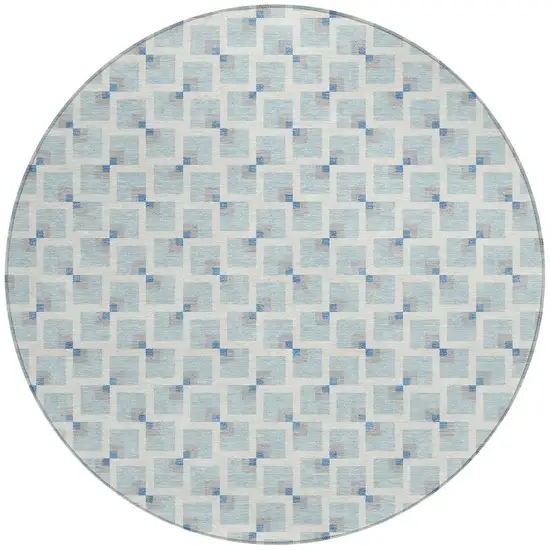 8' Sky Blue And Ivory Round Geometric Washable Indoor Outdoor Area Rug Photo 3