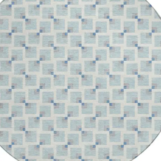 8' Sky Blue And Ivory Round Geometric Washable Indoor Outdoor Area Rug Photo 2