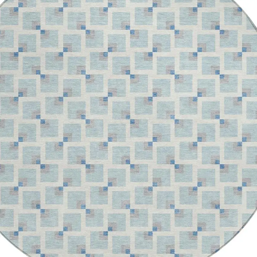 8' Sky Blue And Ivory Round Geometric Washable Indoor Outdoor Area Rug Photo 2