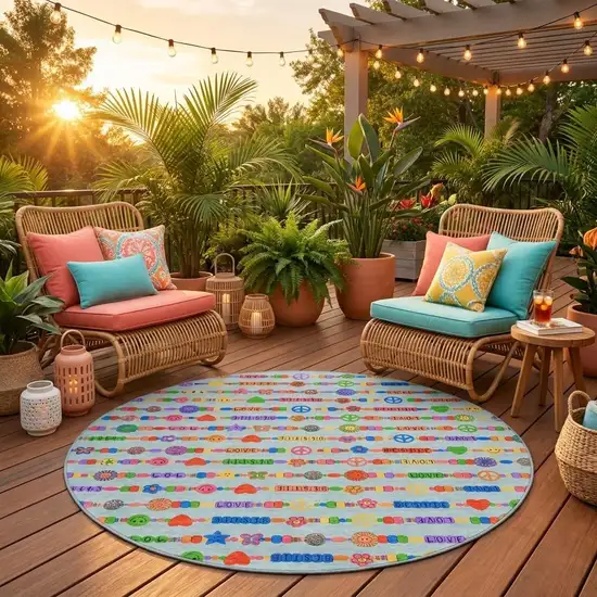 8' Sky Blue And Ivory Round Geometric Washable Indoor Outdoor Area Rug Photo 1
