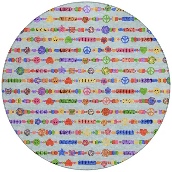 8' Sky Blue And Ivory Round Geometric Washable Indoor Outdoor Area Rug Photo 3