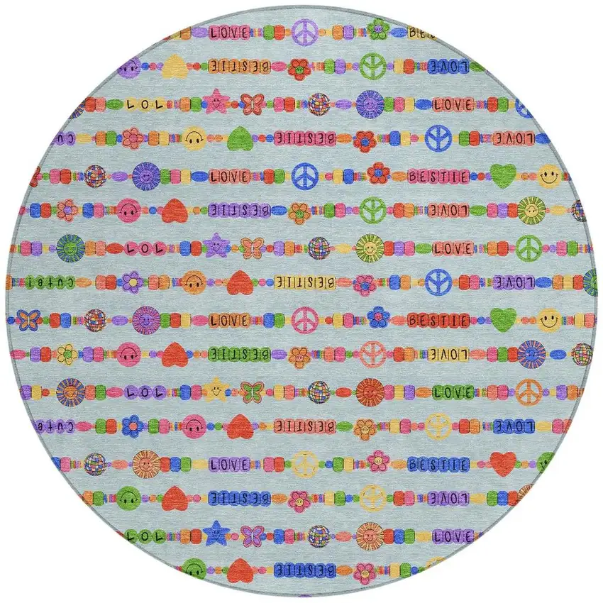 8' Sky Blue And Ivory Round Geometric Washable Indoor Outdoor Area Rug Photo 3