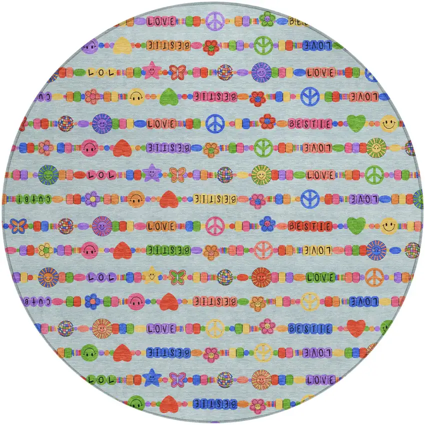 8' Sky Blue And Ivory Round Geometric Washable Indoor Outdoor Area Rug Photo 2
