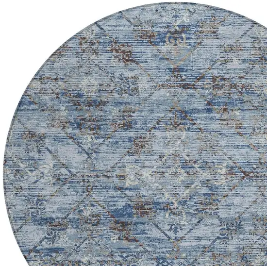 8' Sky Blue And Ivory Round Geometric Washable Indoor Outdoor Area Rug Photo 5