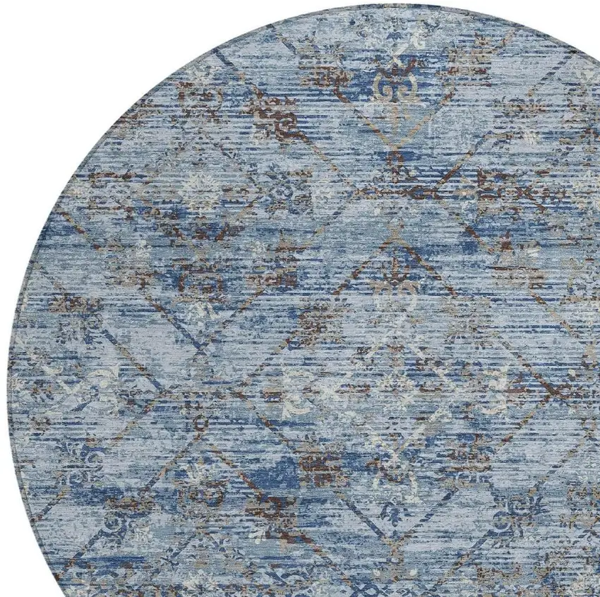 8' Sky Blue And Ivory Round Geometric Washable Indoor Outdoor Area Rug Photo 5