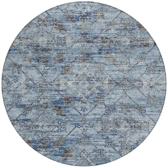 8' Sky Blue And Ivory Round Geometric Washable Indoor Outdoor Area Rug Photo 4