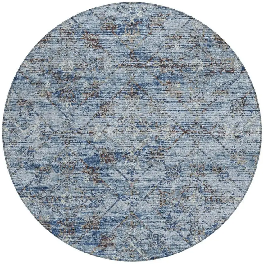 8' Sky Blue And Ivory Round Geometric Washable Indoor Outdoor Area Rug Photo 4