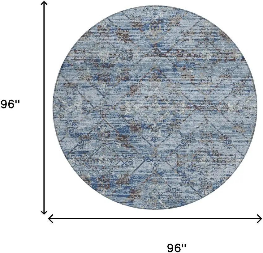 8' Sky Blue And Ivory Round Geometric Washable Indoor Outdoor Area Rug Photo 8